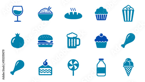 Collection of flat blue food and beverage icons including dessert, fast food, drinks, and sweets. Perfect for menu, restaurant, and culinary design projects.