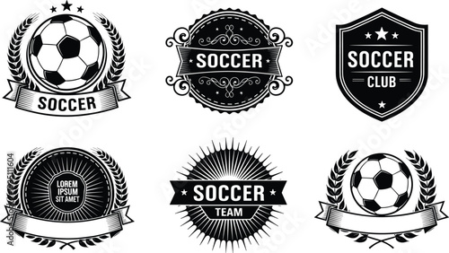 Vintage Soccer Logo Set Featuring Footballs, Laurel Wreaths and Ribbon Banners for Sports Club Branding, Team Emblem and Tournament.