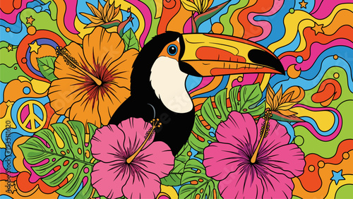 Vibrant Tropical Toucan & Hibiscus Psychedelic Pattern Design for Apparel & Decor