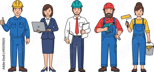 Construction and Office Worker Characters Vector Set with Engineer, Builder, Architect and Businesswoman Illustration