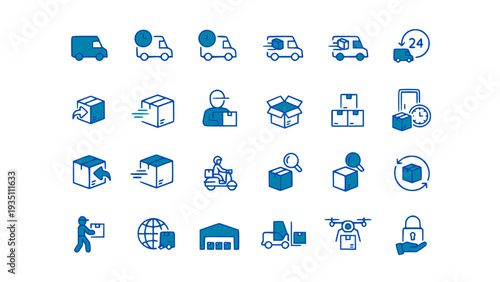 Blue flat icons featuring delivery trucks, packages, shipping, and logistics services. Suitable for e-commerce and transportation projects.