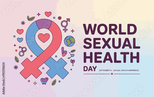 World sexual health day awareness poster with gender symbols and hearts on rainbow background