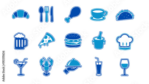 Collection of fast food, drinks, and dining icons in modern blue style. Great for menu design and food service businesses.