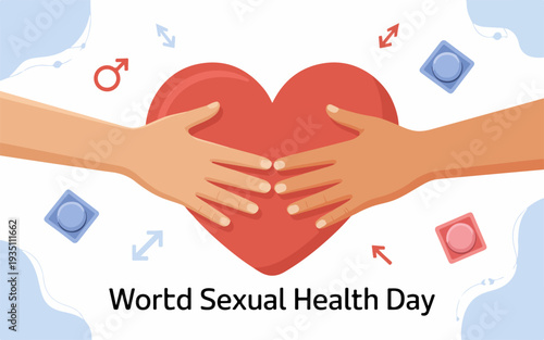 Hands holding red heart with gender symbols around for world sexual health day