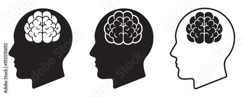 Human Brain and Head Profile Icon Set Vector – AI, Artificial Intelligence and Psychology Symbol in Outline 
and Filled Styles