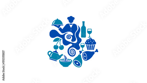 Creative circular arrangement of food and drink icons in blue tones. Ideal for restaurant branding, catering services, and culinary promotions.