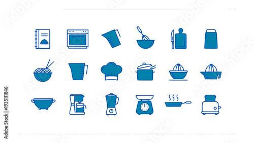 Blue flat icons of kitchen appliances, cookware, and food preparation tools. Perfect for cooking blogs, recipe books, and home kitchen designs.