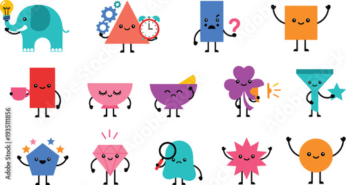 Cute Geometric Shape Characters Collection with Kawaii Cartoon Faces for Kids Education and Design