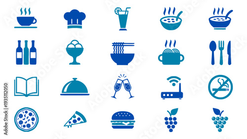 Comprehensive food and drink icon pack including pizza, wine, coffee, and desserts. Suitable for menu templates and food branding.