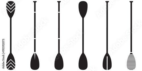 Stand Up Paddle Board Paddle and Oar Icon Set Vector – Minimalist Black Silhouette SUP Paddles for Water 
Sports and Activities