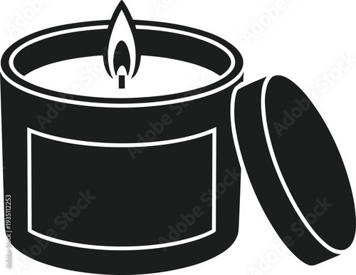 Black silhouette of a lit candle in a jar with lid removed flame