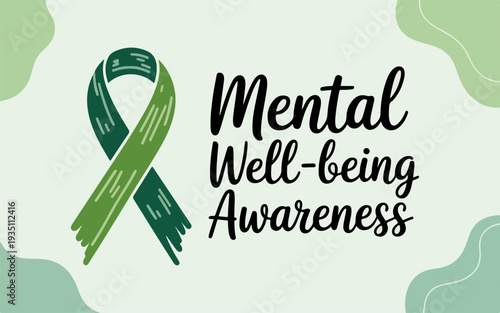 Mental well being awareness green ribbon symbol with text on light green background for health campaigns and social media posts