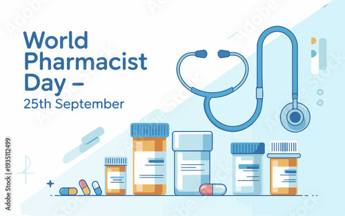 World pharmacist day illustration with stethoscope and medication bottles