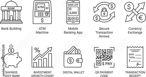A collection of ten thin line icons representing various banking and financial services