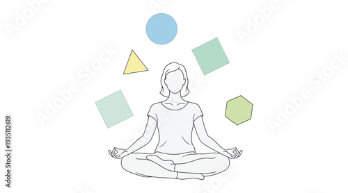 Serene meditation scene with geometric shapes and a lotus position figure