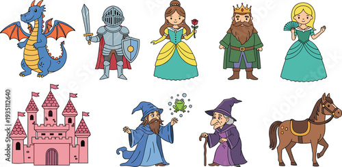 Fantasy Fairy Tale Character Collection with Dragon, Knight, Princess, King, Wizard, Castle, and Horse Cartoon Vector Illustration Set