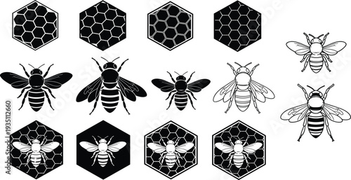 Honey Bee Icons and Honeycomb Hexagon Set Black and White Vector Illustration