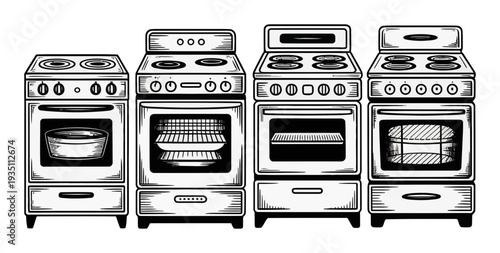 Kitchen Stoves Collection Black White Vector Illustration