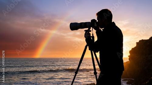 Silhouette photographer capturing vibrant ocean rainbow at sunset from rocky coastline with tripod and telephoto lens dramatic seascape