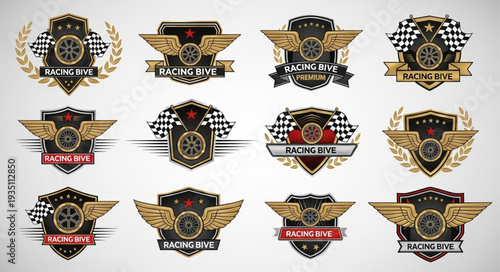 Collection of Racing Team Badges with Wings and Checkered Flags.