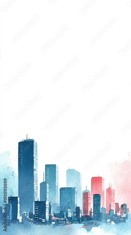 Obraz premium A watercolor painting of a city skyline with various tall buildings in blue and red tones against a white background.