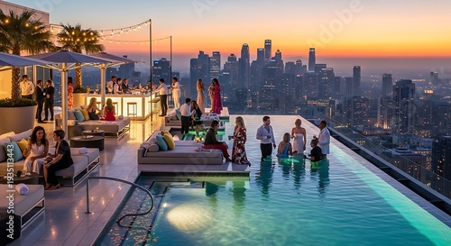 People enjoying a luxurious rooftop pool party with city skyline views at modern upscale hotel or resort during evening.