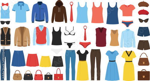 Men and Women Clothing Collection Vector Set with Casual Wear, Dresses, Accessories and Fashion Outfit Elements
