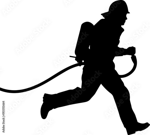 Running Firefighter Silhouette with Hose and Breathing Apparatus