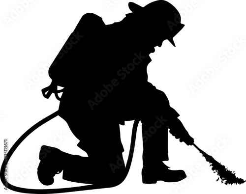 Black Silhouette of a Worker Kneeling and Operating a Backpack Sprayer with a Hose