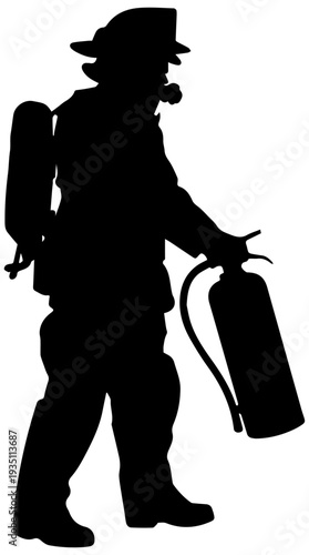 Firefighter Silhouette Walking with Fire Extinguisher and SCBA Gear
