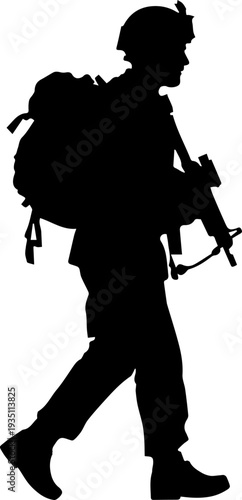 Soldier Silhouette Walking with Rifle and Backpack Black Vector Graphic