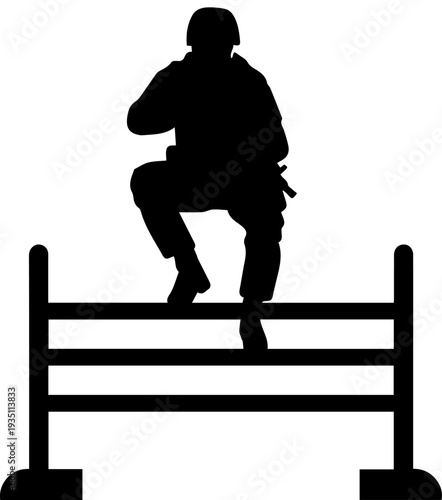 Soldier Military Training Obstacle Course Barrier Climb Silhouette Vector Black and White