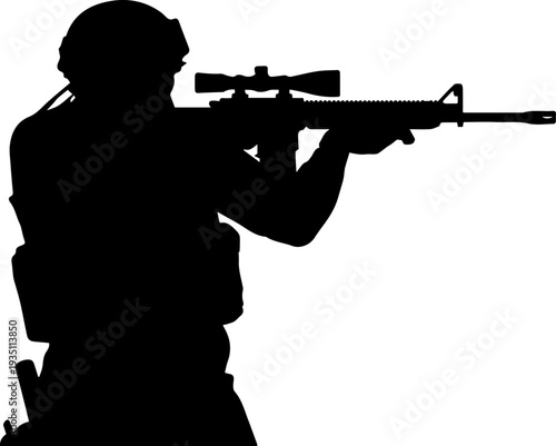 Military Soldier with Scope Rifle Silhouette Black Vector Graphic
