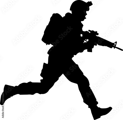 Running Soldier Silhouette with Rifle Black and White Vector Graphic