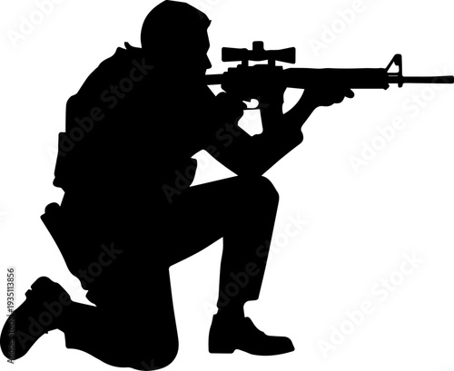 Military Soldier Kneeling and Aiming Rifle Black Silhouette
