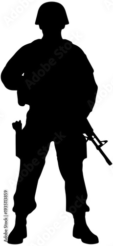 Silhouette of Soldier with Rifle Standing in Military Uniform