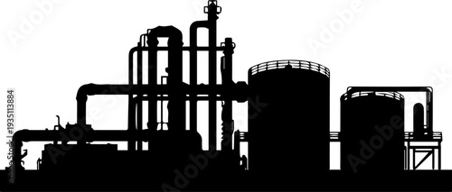 Industrial Refinery or Chemical Plant Silhouette Vector Graphic with Storage Tanks and Pipes