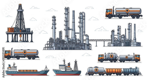 Oil Refinery and Transportation Vehicles.