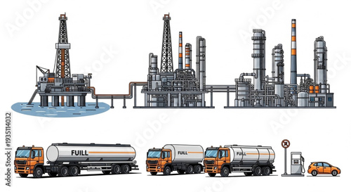 Oil Refinery and Transportation Vehicles.