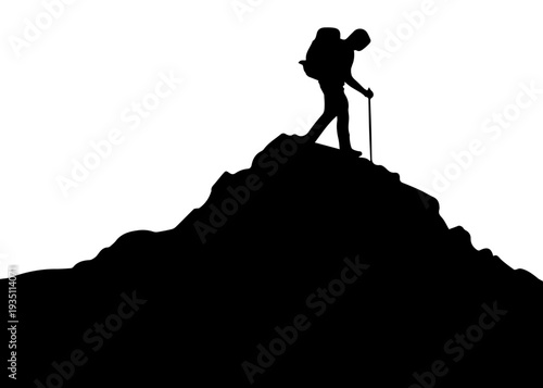 Hiker Silhouette Climbing Mountain Peak Vector Graphic Black and White Minimalist Illustration