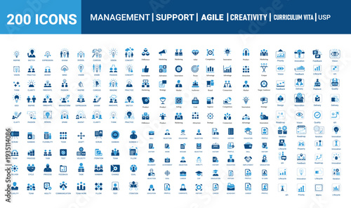 Collection of two hundred blue business icons representing management support and agile concepts