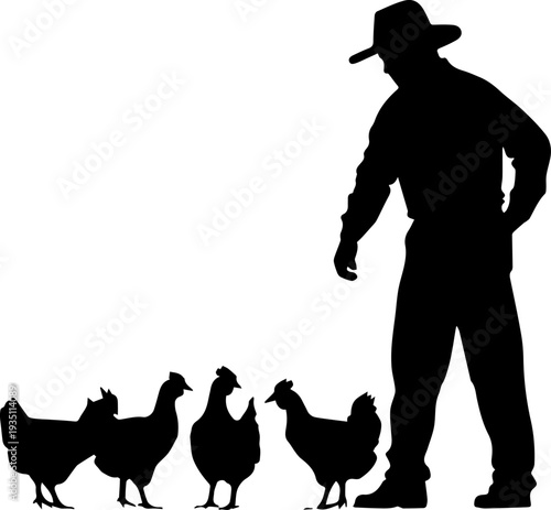 Farmer with chickens silhouette black and white vector graphic