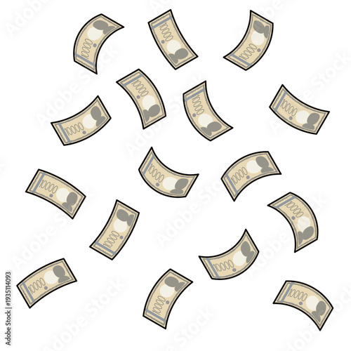 空から降ってくる大量の一万円札のイラスト