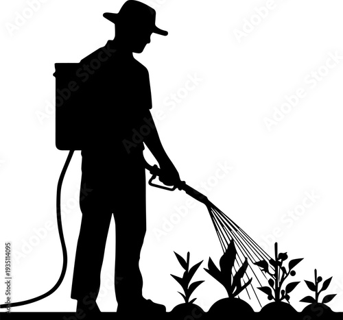 Farmer with Backpack Sprayer Protecting Crops Silhouette Vector