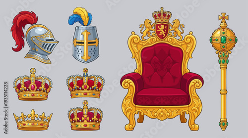 Royal Throne and Crown Collection Vector Illustration Set