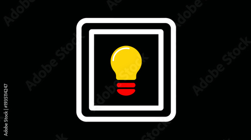 Bright yellow lightbulb icon in a white frame on black background, symbolizing idea, innovation, creativity, and inspiration