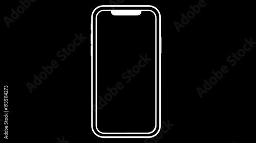 Sleek white line vector smartphone outline icon, modern mobile phone device with blank screen on a minimal black background.