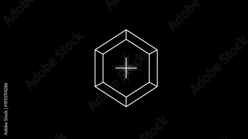 Futuristic white outline hexagonal prism with a central plus symbol on a dark background, abstract geometric line art design.