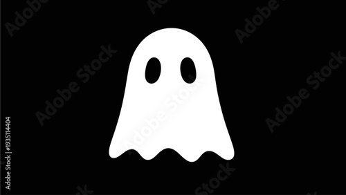 Cute white ghost character icon on a dark black background, simple spooky spectral spirit for Halloween design elements and digital media