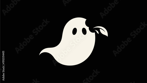 Minimalist white ghost illustration with a subtle leaf design, digital art on a solid black background, perfect for spooky or whimsical themes.